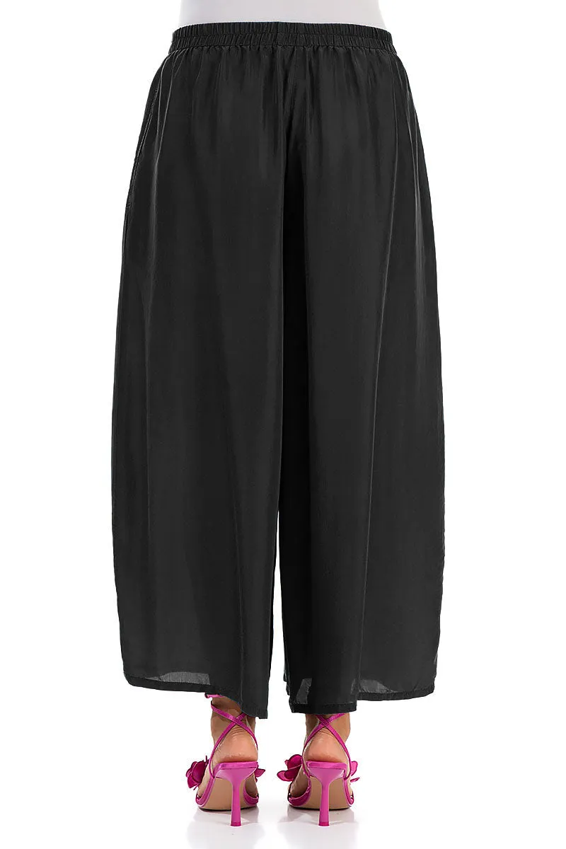 Cropped Wide Black Pure Silk Trousers