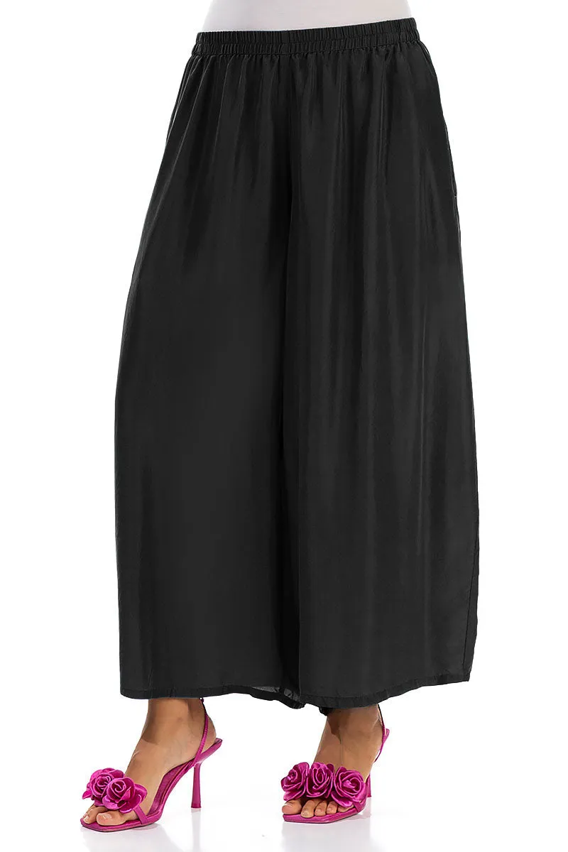 Cropped Wide Black Pure Silk Trousers