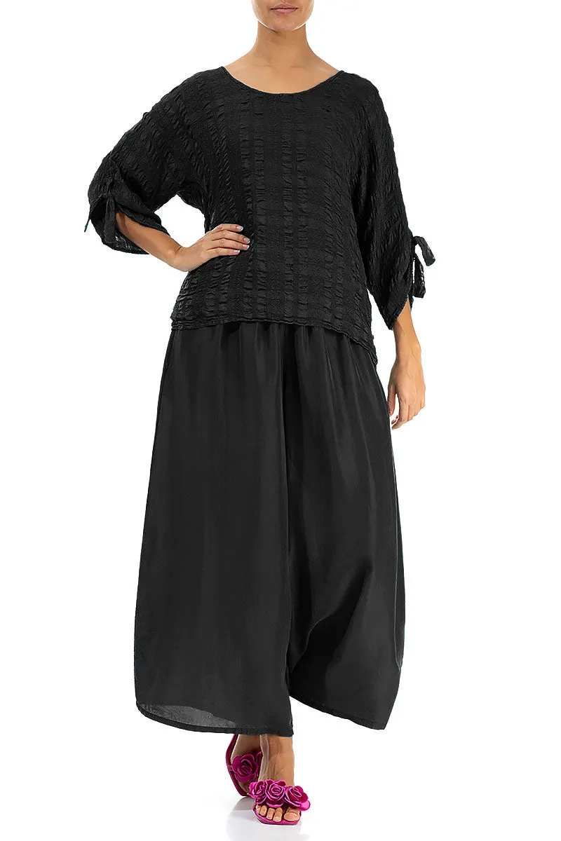 Cropped Wide Black Pure Silk Trousers
