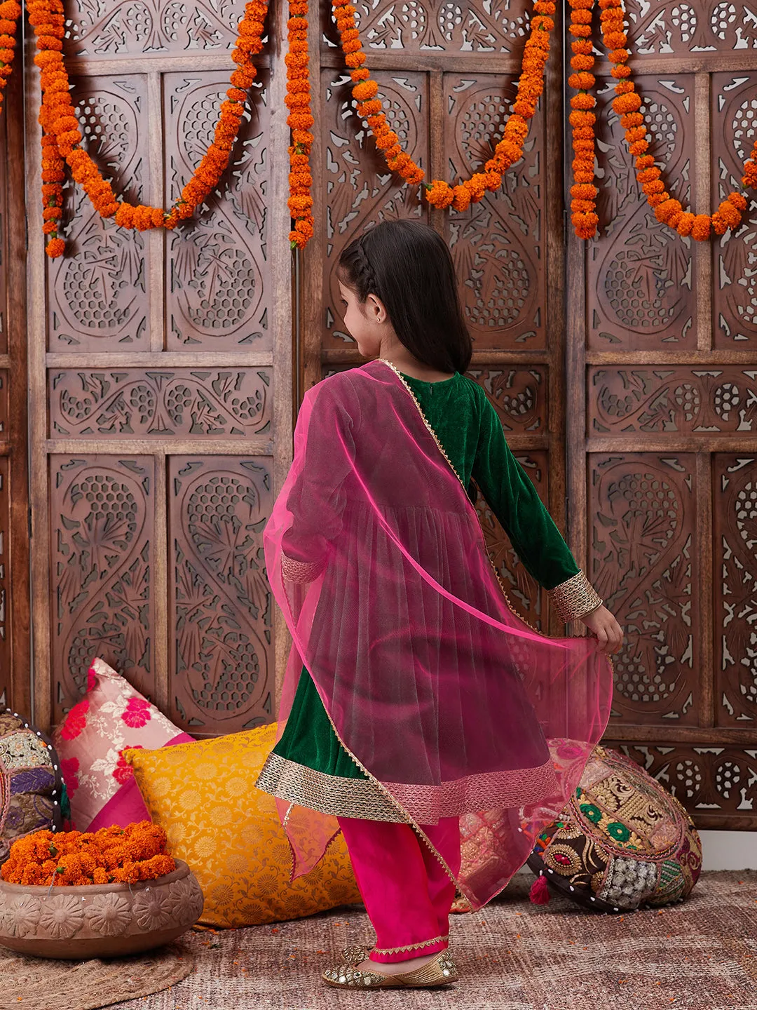 Girls Gotta Patti Detail Anarkali Velvet Kurta Trousers With Dupatta - Ps Peaches