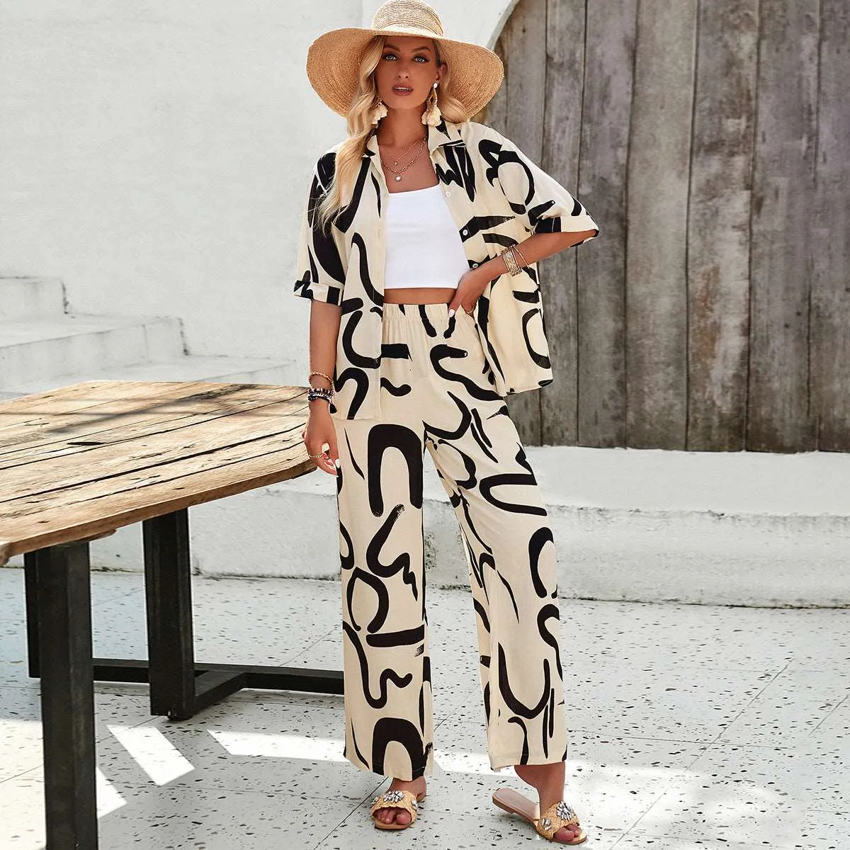 Women's Casual Short Sleeved Shirt and Long Wide Legs Pants Outfit Set