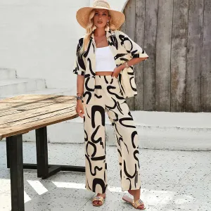 Women's Casual Short Sleeved Shirt and Long Wide Legs Pants Outfit Set