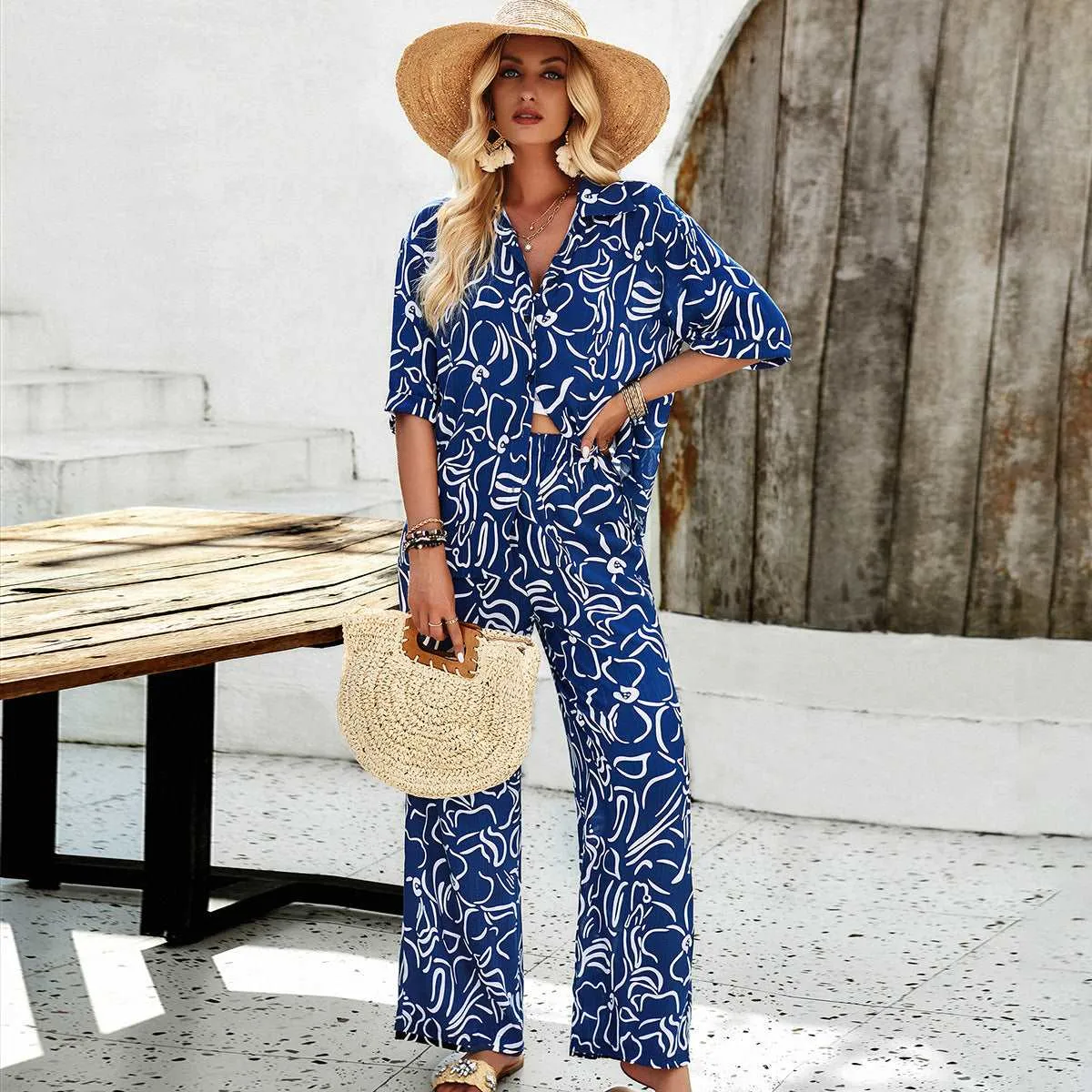 Women's Casual Short Sleeved Shirt and Long Wide Legs Pants Outfit Set