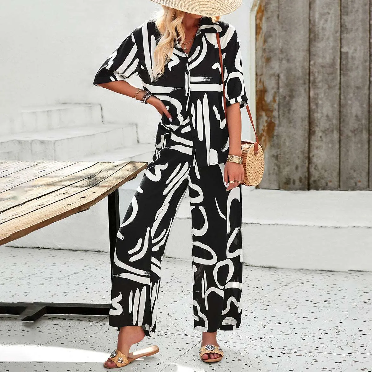 Women's Casual Short Sleeved Shirt and Long Wide Legs Pants Outfit Set