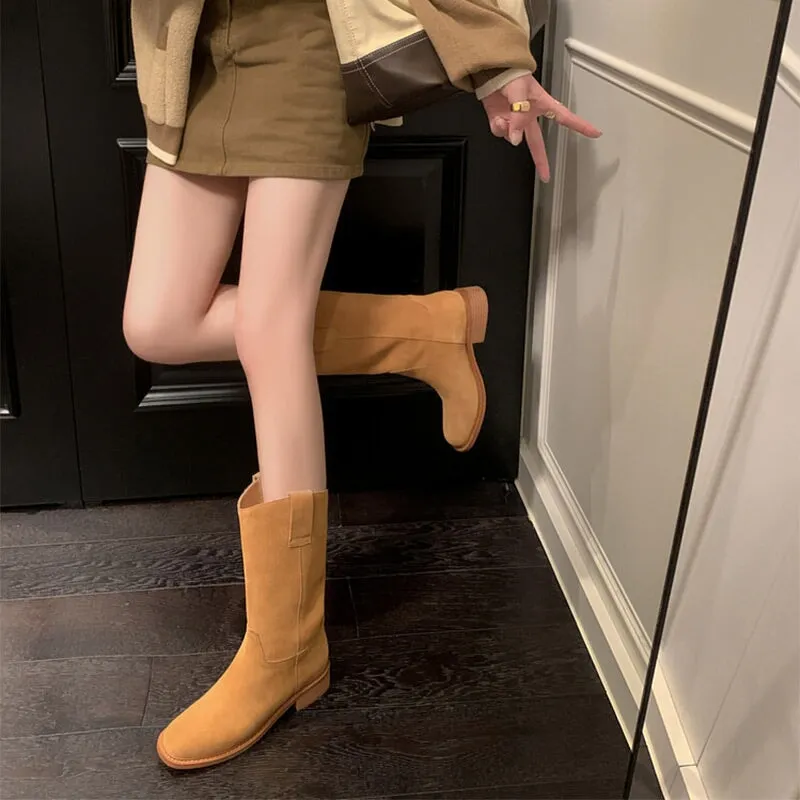 Womens Suede Leather Mid Calf Boots In Black/Brown