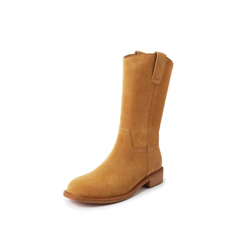 Womens Suede Leather Mid Calf Boots In Black/Brown