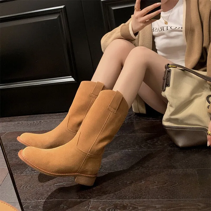 Womens Suede Leather Mid Calf Boots In Black/Brown
