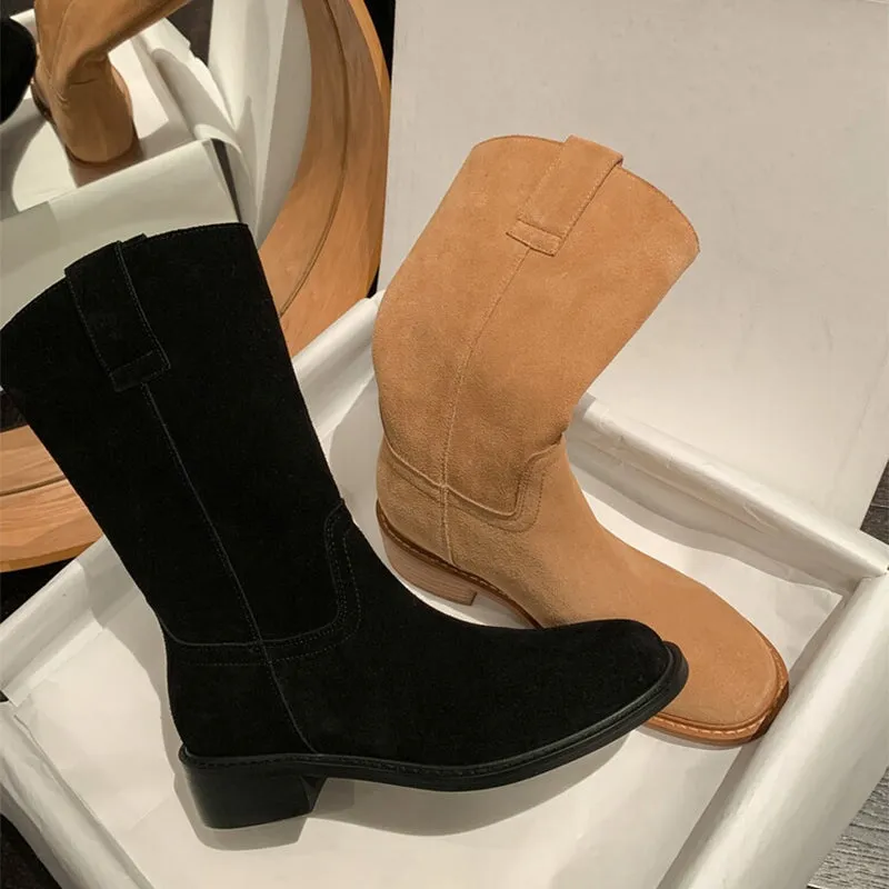 Womens Suede Leather Mid Calf Boots In Black/Brown