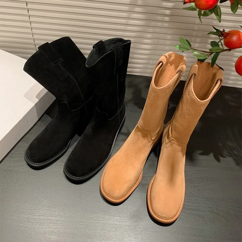 Womens Suede Leather Mid Calf Boots In Black/Brown